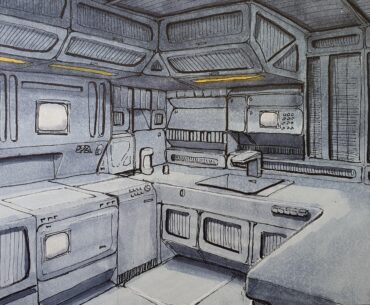 Cyberpunk kitchen, from my sketchbook.