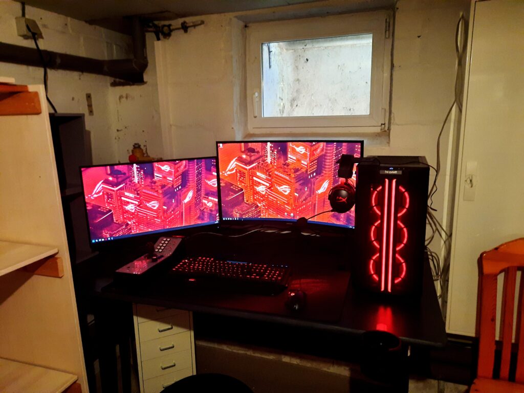 Between gas line and circuit breaker in the basement