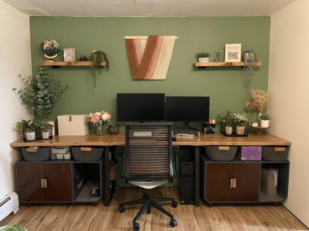 Battle stations can give off chill vibes too… right? DIY 10ft desk + shelves 🪚 Battle stations can give off chill vibes too… right? DIY 10ft desk + shelves 🪚
