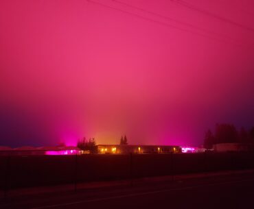 Rural cyberpunk: to compensate for the short winter days, ag corporations near my house are using grow lights that turn the skies pink for miles around.