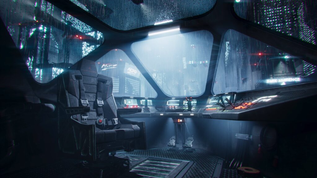 A 3D Spaceship Cockpit in a Dystopian Cyberpunk City I made in 3D