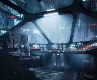A 3D Spaceship Cockpit in a Dystopian Cyberpunk City I made in 3D