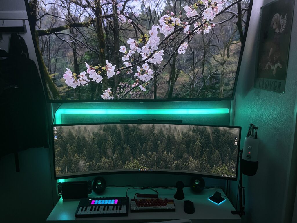 my cramped but cozy entertainment + music setup