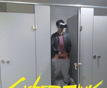 Dude beating off in public toilet with VR headset left door open (says intended)