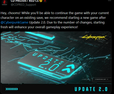 CDPR We recommend starting a new game after @CyberpunkGame Update 2.0. Due to the number of changes, starting fresh will enhance your overall gameplay experience!