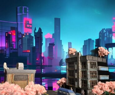 Montage of my cyberpunk city diorama with an AI-generated background.