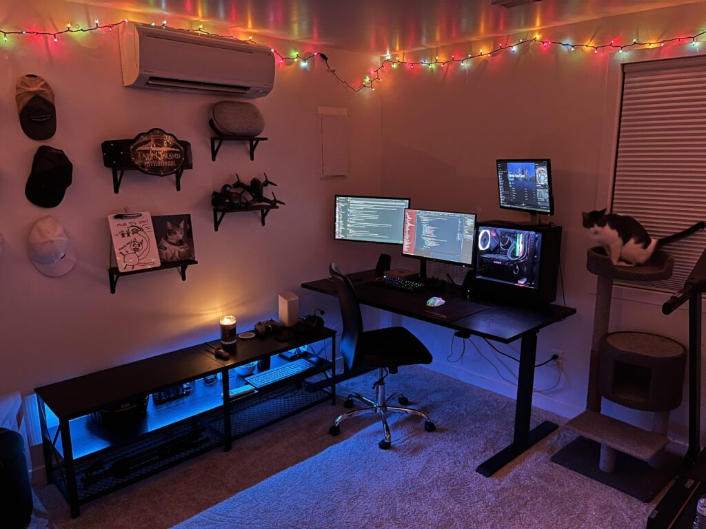 My gaming/coding spot. Mismatching monitors. Only a dual stand. Still think it looks pretty dialed.