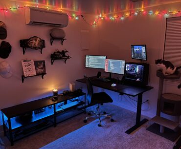 My gaming/coding spot. Mismatching monitors. Only a dual stand. Still think it looks pretty dialed.