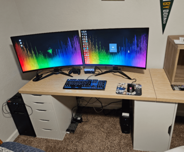 My side of a two sided desk my wife and I put together. Still need to put a board under the tower and tidy up the cables. Pretty happy otherwise