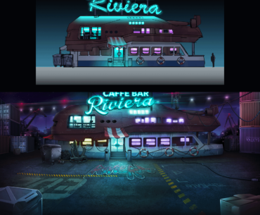 Concept and final(-ish) version of Caffe Bar Riviera—a pub for runners and outlaws in our game. Located in the slums near the Danube River port, the idea was to construct it from the welded remains of ships—a tugboat and a river ferry (called 'Propeler' in our city). Created by my friend and me.