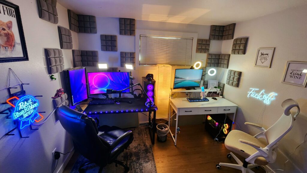 His/her setup that im maybe 75% done with. Thoughts? The girlfriend loves it! Also , any cool ideas to stop the echo from the ceiling, other than more foam?