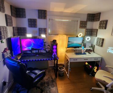 His/her setup that im maybe 75% done with. Thoughts? The girlfriend loves it! Also , any cool ideas to stop the echo from the ceiling, other than more foam?