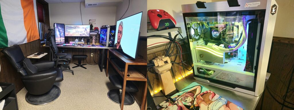 Updated photo, in my bedroom now, 7 foot elevator door as my desk, I am new to reddit, lurked for a long time, I am guessing only 1 photo per post, so I combined two different photos.