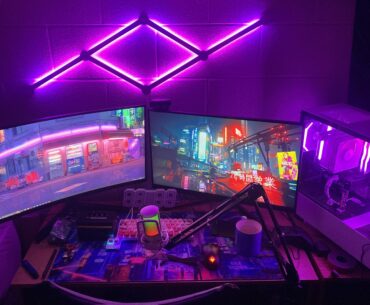 My cyberpunk themed battlestation in my college dorm room