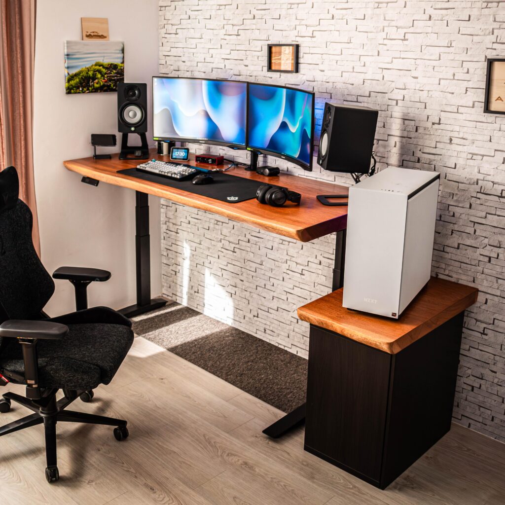 My Battlestation, homemade custom sit-stand desk, upgraded with double G7 and HS5