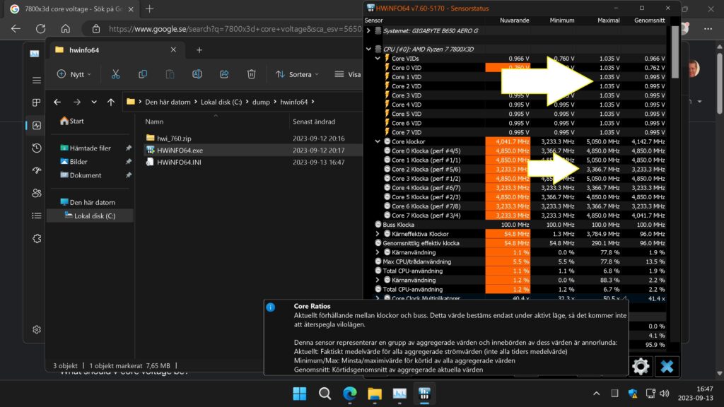 7800x3d. why is requested volt not 1.3 and why the different core speeds? PBO off in bios
