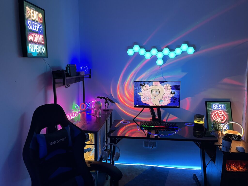 Glass RGB gaming desktop with a galaxy projector