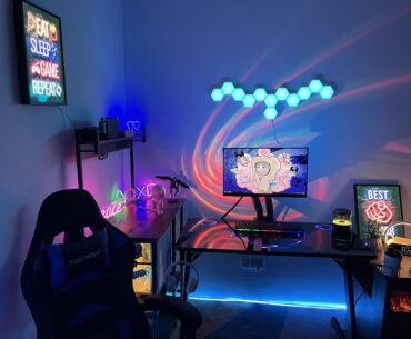 Glass RGB gaming desktop with a galaxy projector