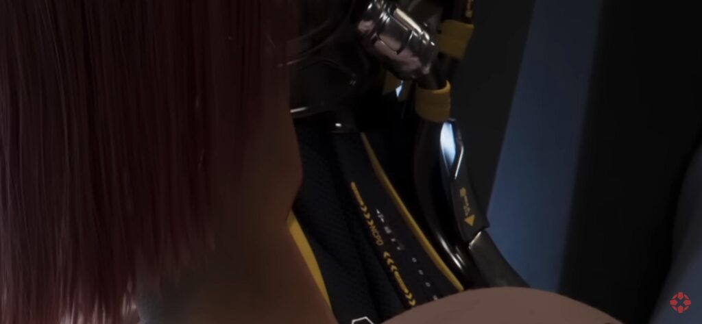 One of Song’s cyberware says NCPD (that yellow line closer to her hair)