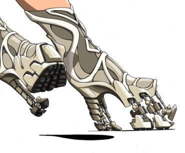Came up with an excu… a design for these Gravity Shoes. The idea is for the mechanical soles to cushion, absorbs and disperses pressure on the foot in higher gravity, where even taking a step on flat surfaces can feel like walking on gravel.