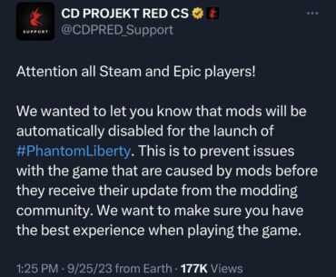 Phantom Liberty launch to disable all mods by default