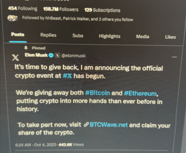 Elon Musk announces give away event for Bitcoins, limited time available.