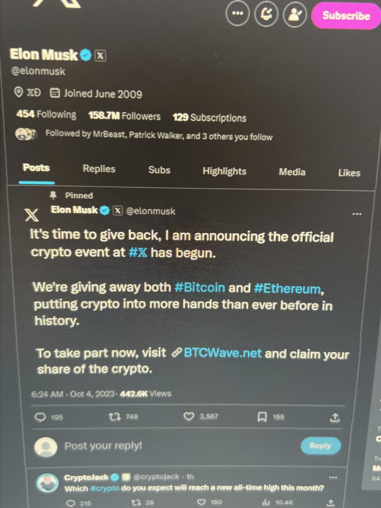 Elon Musk announces give away event for Bitcoins, limited time available.