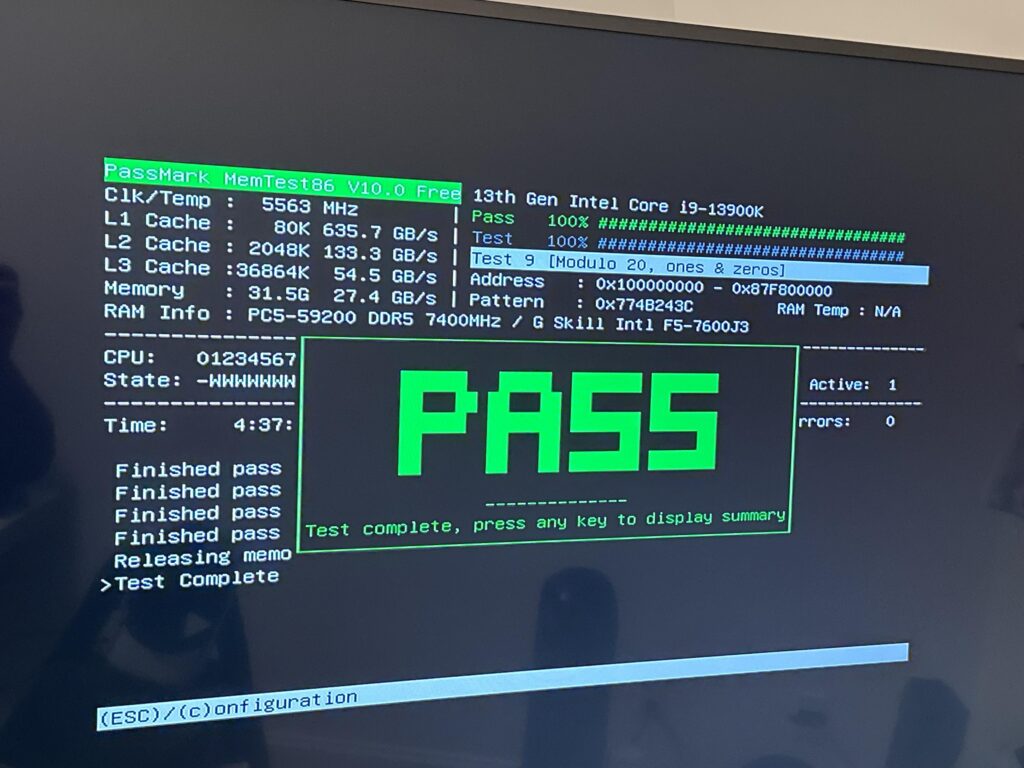 I913900k, Asus ROG strix z790-F / G-Skill 7600. So I passed Memtest86 at 7400 with the newest bios update. I will test with a different software now.