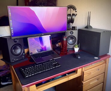 Had to wedge my elaborate setup onto a small college desk; how did I fare? Has a Macbook and PC that I hot swap.