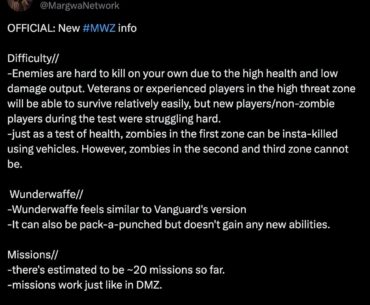 More info on MWIII Zombies: Enemies are hard to kill on your own due to the high health and low damage output | Wunderwaffe feels similar to Vanguard's version | There's estimated to be ~20 missions so far.