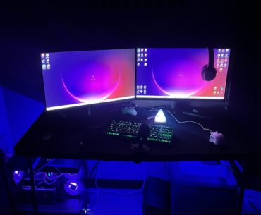 Fully bought and paid for at 17. Practically my dream setup still some nitpicks like desks and others but overall what do y’all think? How to improve? (Black pieces on ground are specs from chair, it’s old.) -just realized table looks like it’s about to pop in the middle lol, i promise it’s stable.