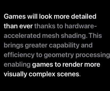 Apple announced that the new M3 chip’s GPU will have hardware accelerated mesh shading … which Nvidia included with their RTX 2000 series GPUs in 2018. Congratulations RTX 2000 owners, you have the most cutting edge graphics tech still.