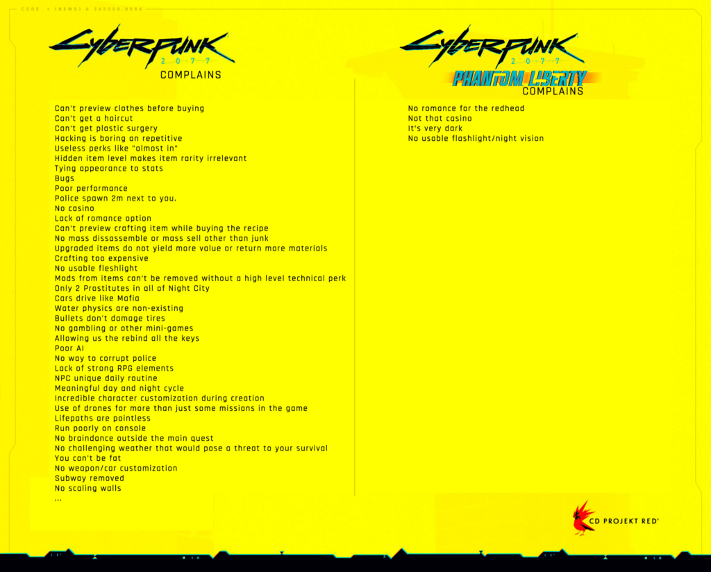 Cyberpunk 2077 complains VS Phantom Liberty