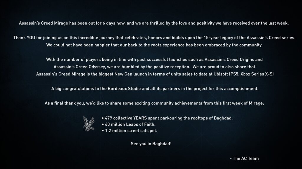 Assassin's creed mirage is the biggest next generation launch to date at Ubisoft
