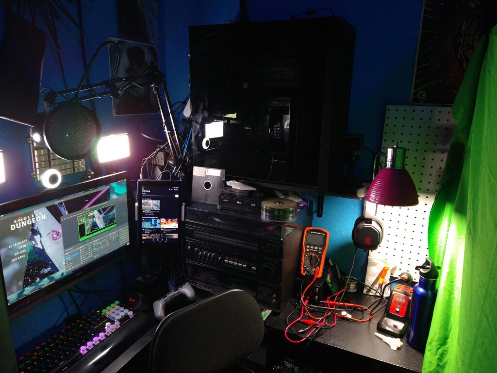 It's not as pretty but it works! Streaming + repair/testing/rework bench.