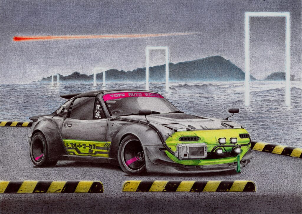 My ballpoint pen drawing of cyberpunk Mazda Miata.