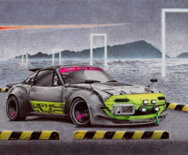 My ballpoint pen drawing of cyberpunk Mazda Miata.