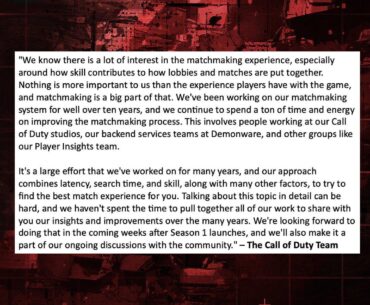 Call of Duty has issued a statement about matchmaking for the first time
