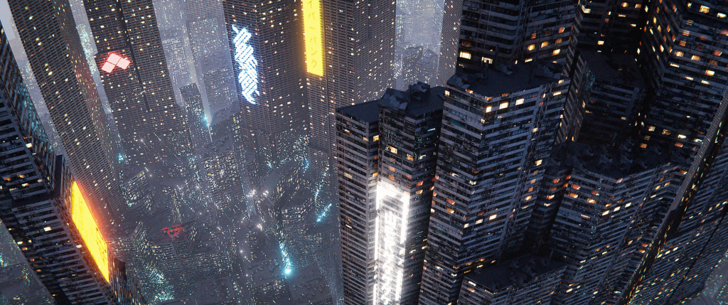 Dystopian cyberpunk cityscape