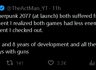 I like how he didn't cover or said anything not even a single thing about Cyberpunk 2.0 but still stuck in the past shitting on it 💀