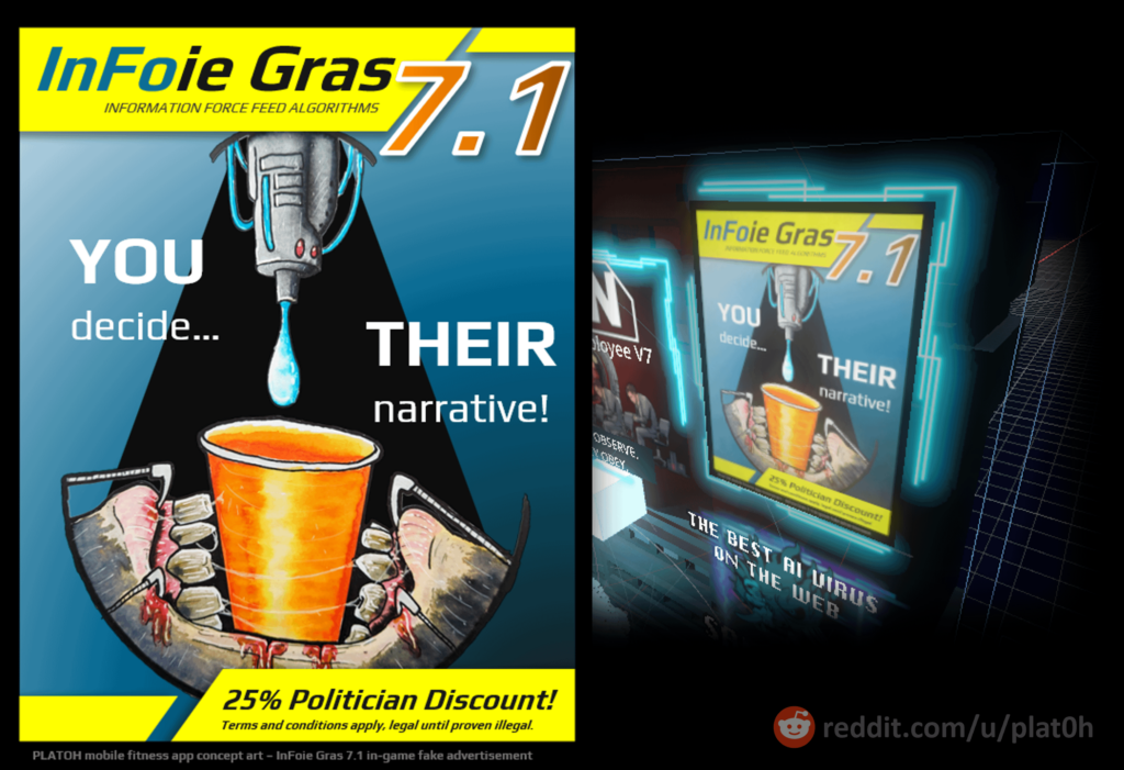 "Successfully used by politicians and corporations to force-feed a narrative!" - I made a concept art for an advertisement that will be in the game I'm working on. What do you think?