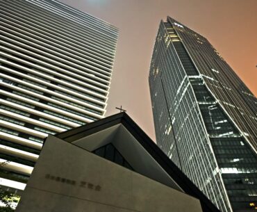Church and skyscrapers