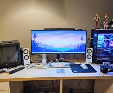 My modern/retro/anime battle station but... Do you have any advices how to place things on this desk to make it less cluttered? Don't mind the cables. Cable management will be done when I will be satisfied with object placement.
