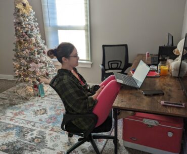 Simple, yet effective. How my wife sits on her laptop at our desk.