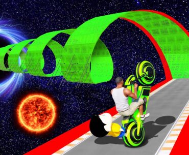 SHINCHAN AND FRANKLIN TRIED IMPOSSIBLE SPIRAL LOOP ROAD RAMP JUMP PARKOUR IN SPACE CHALLENGE GTA 5