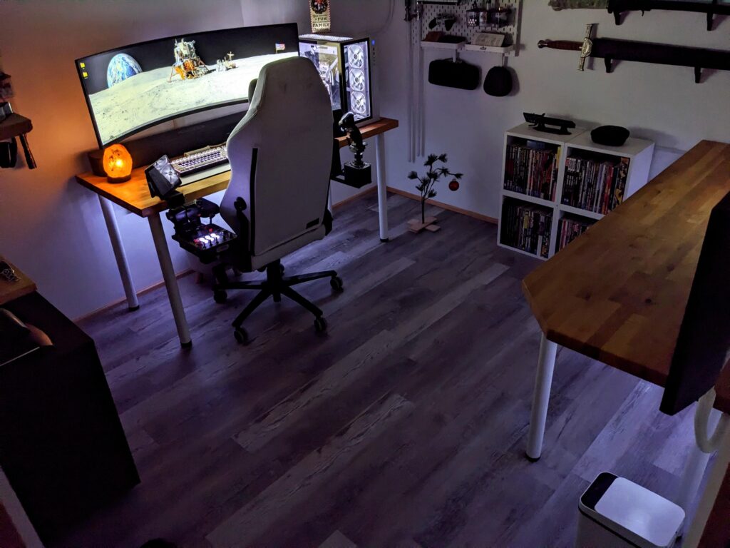 I added flooring over the concrete for Christmas. It really ties the room together