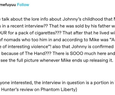 This sheds an entirely new light on Johnny. We knew he was traumatized before, but not that he was literally SOLD by his father. He experienced almost no kindness in his life till he met V.