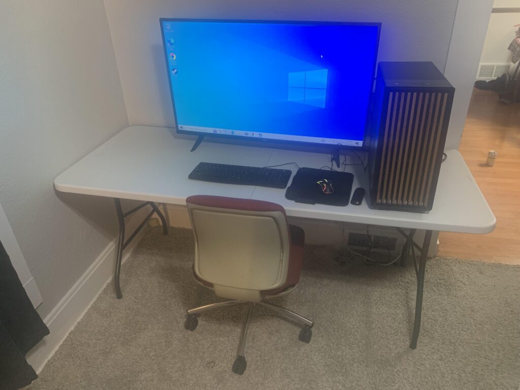 My first ever build, used a free table and chair and an extra tv. I’m happy with it !
