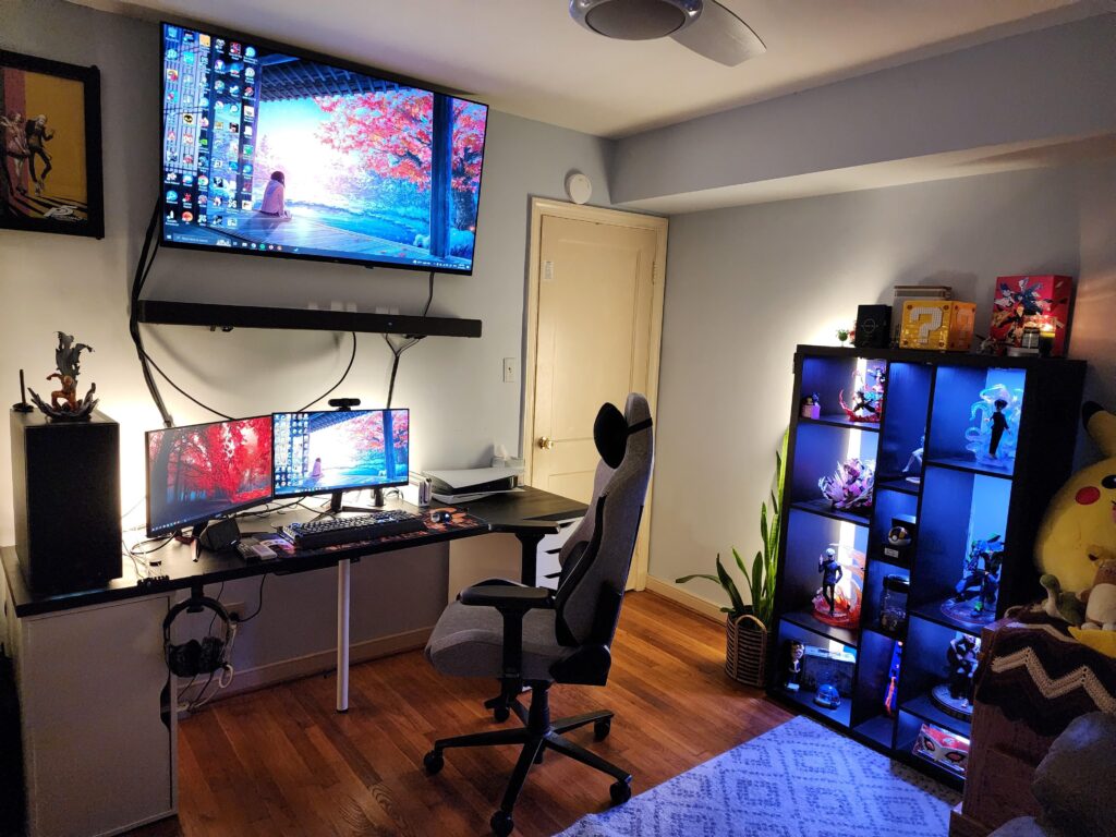Finally posting after a long time of being a lurker. Hope y'all like my set up! (one day ill deal with the cables from the tv and sound bar I swear lol)