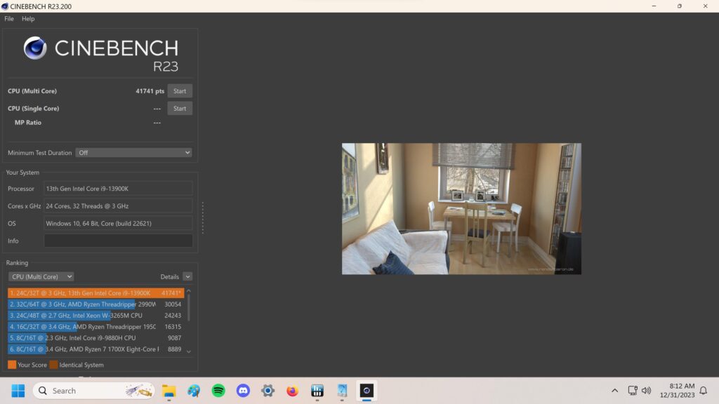Set my personal best this morning in Cinebench R23! 13900K @ 5.7 GHz P-Core, 4.5 GHz E-Core. Z790 mobo with DeepCool LT 720 360mm AIO.